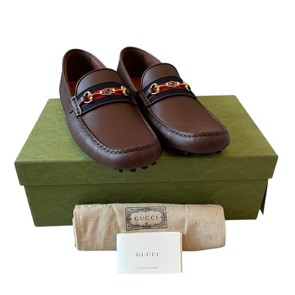 GUCCI Ayrton Web GG Horsebit Leather Driver Loafers Brown Size 12.5 | US 13 NEW - Picture 13 of 16